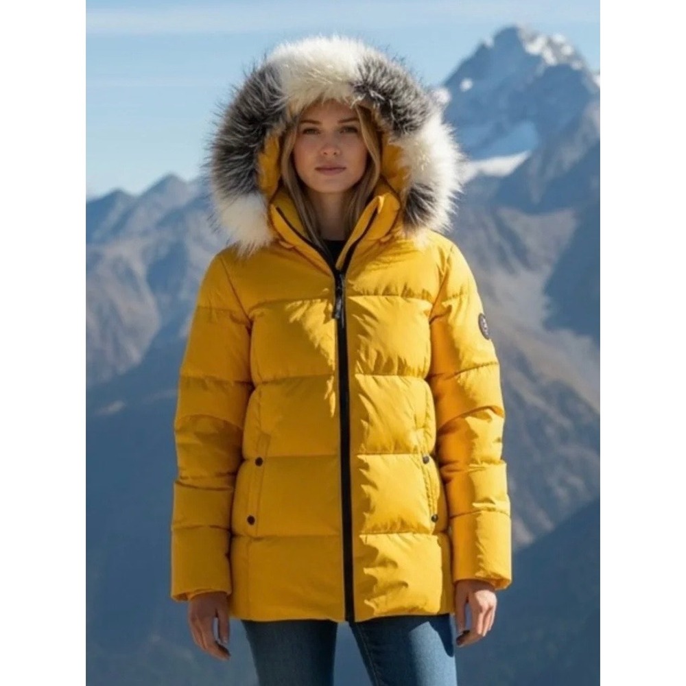 Sam Edelman Womens Yellow Faux Fur Trim Hooded Puffer Jacket Large